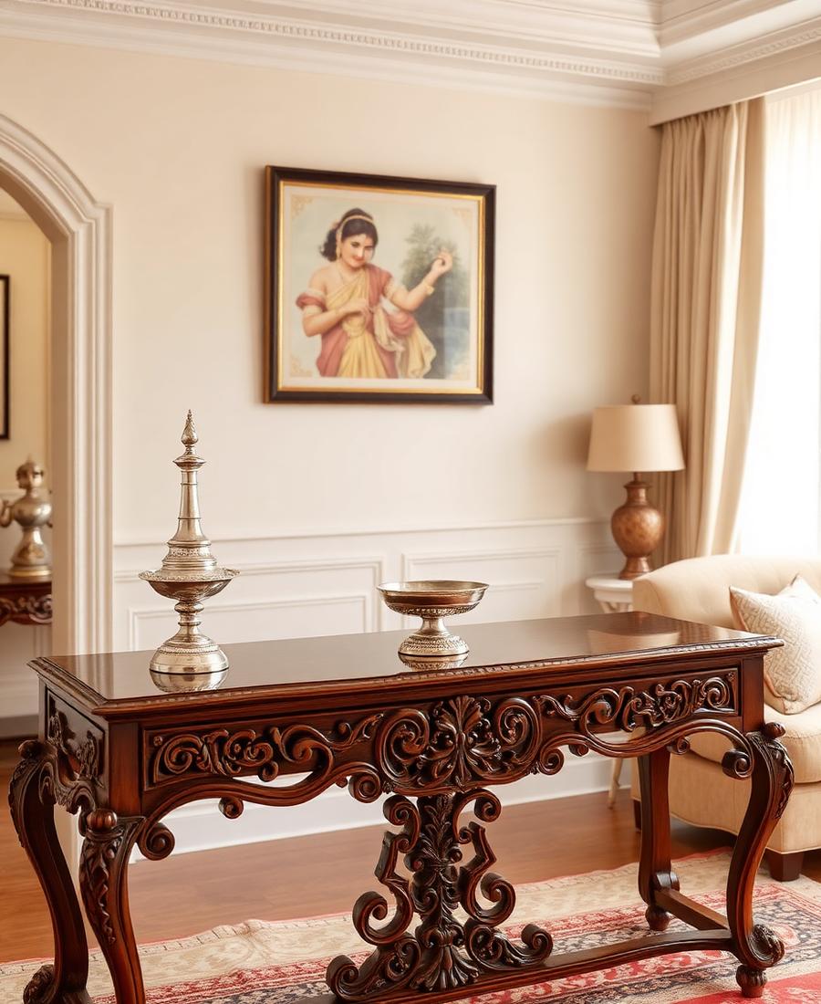 Silver décor on a carved console in a cream interior